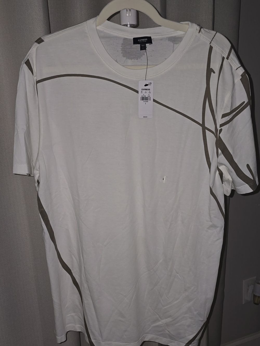 Express Men’s White Tee with Abstract Olive Greenish Tan Lines